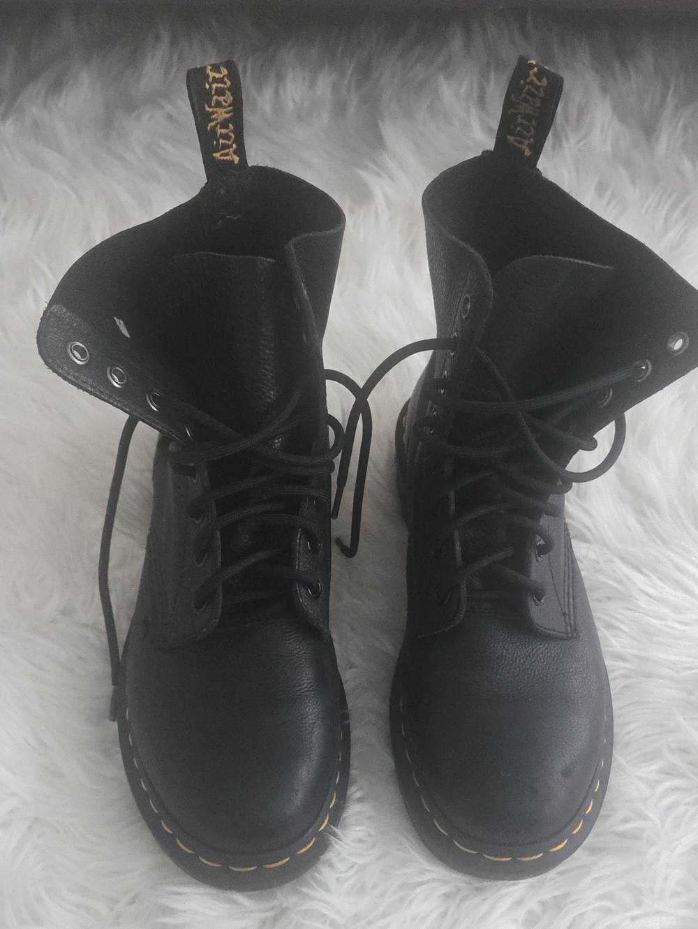 Dr. Martens Black Leather Lace-Up Boots with Yellow Stitching